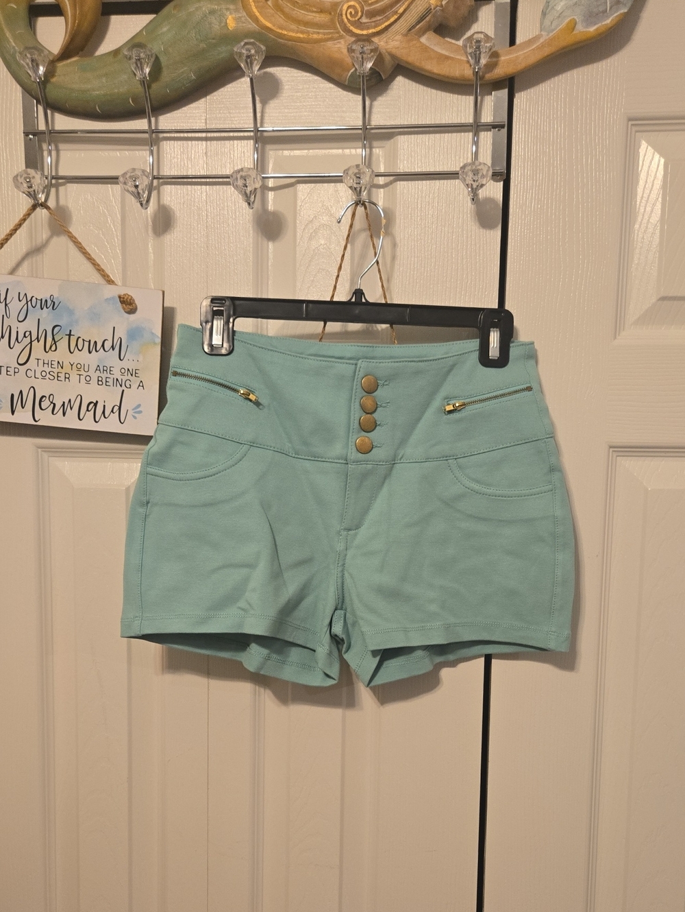 Ci Sono Mint Green High-Waist Shorts with Gold Buttons